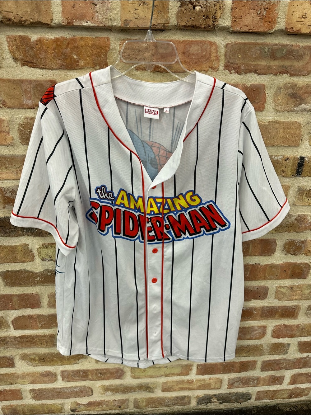 Marvel White Pinstripe The Amazing Spider-Man Baseball Shirt with Red Trim